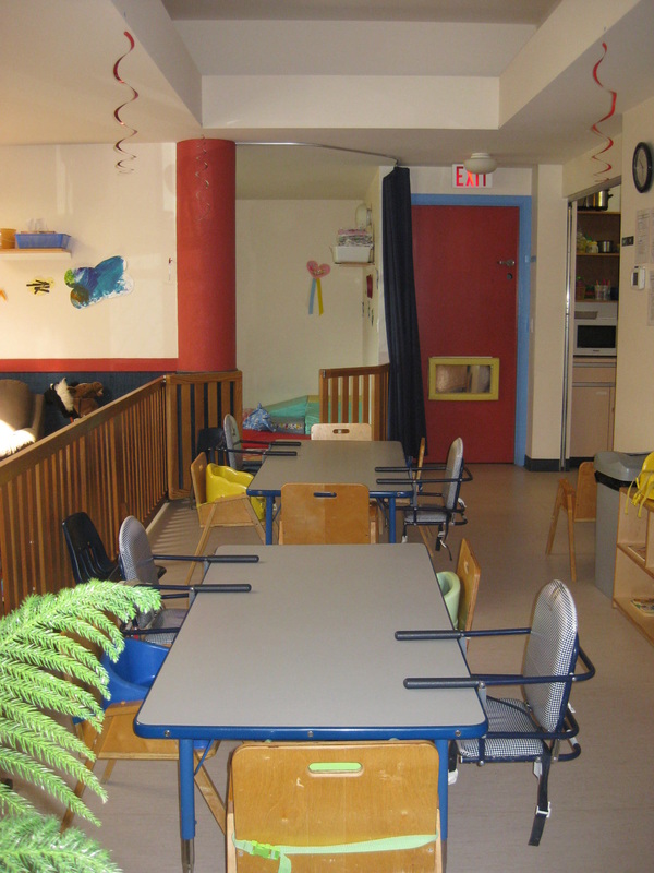 Toddler program: Meal time area. Also used for table top activities in the mornings.